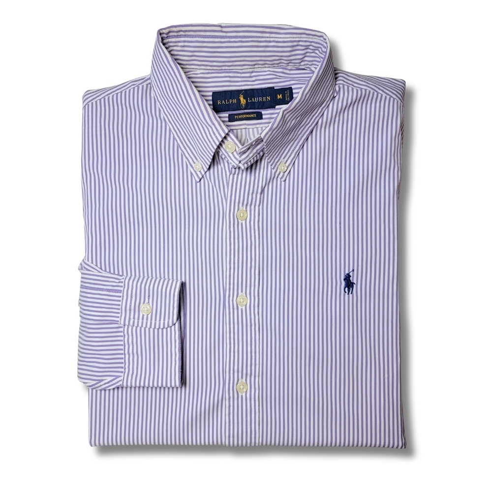 Ralph Lauren Performance Men's White and Purple Striped  Button Down Shirt